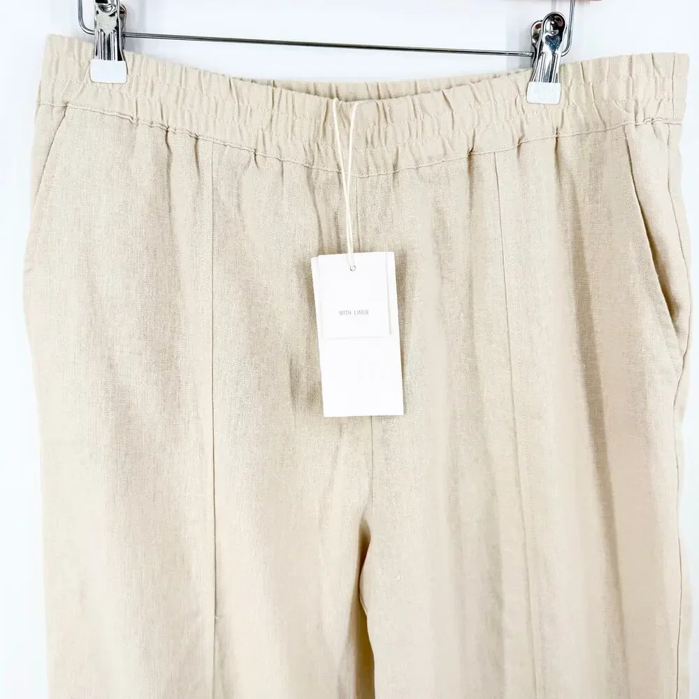 Zara Linen Blend Pull On Cropped Pants Oatmeal Beige Elastic Waist Large NWT
